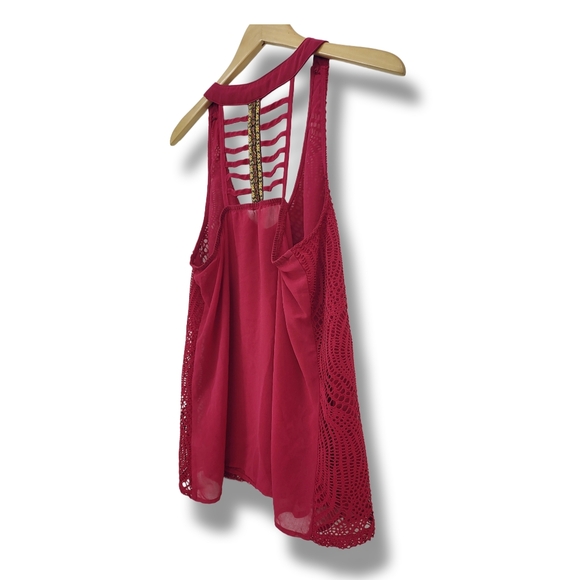 🌿Maurices Women's Medium Burgundy Lace Brocade Racerback Lattice Sleeveless Top - Picture 8 of 12